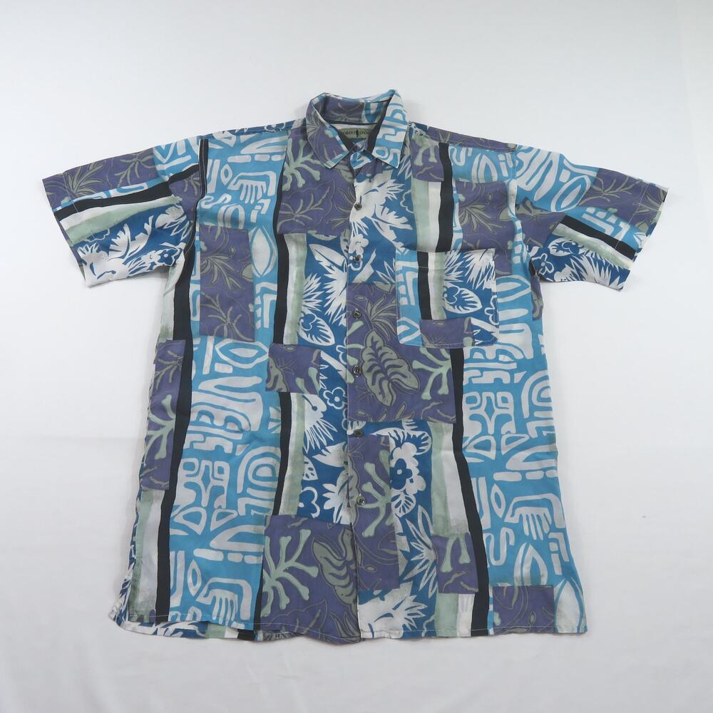 Robert Stock Silk Shirt Abstract Leaf Floral Tribal Blue White Sz M? 1980s
